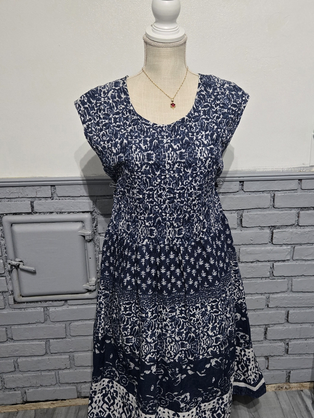 Expressions Navy and White Printed Cotton Dress